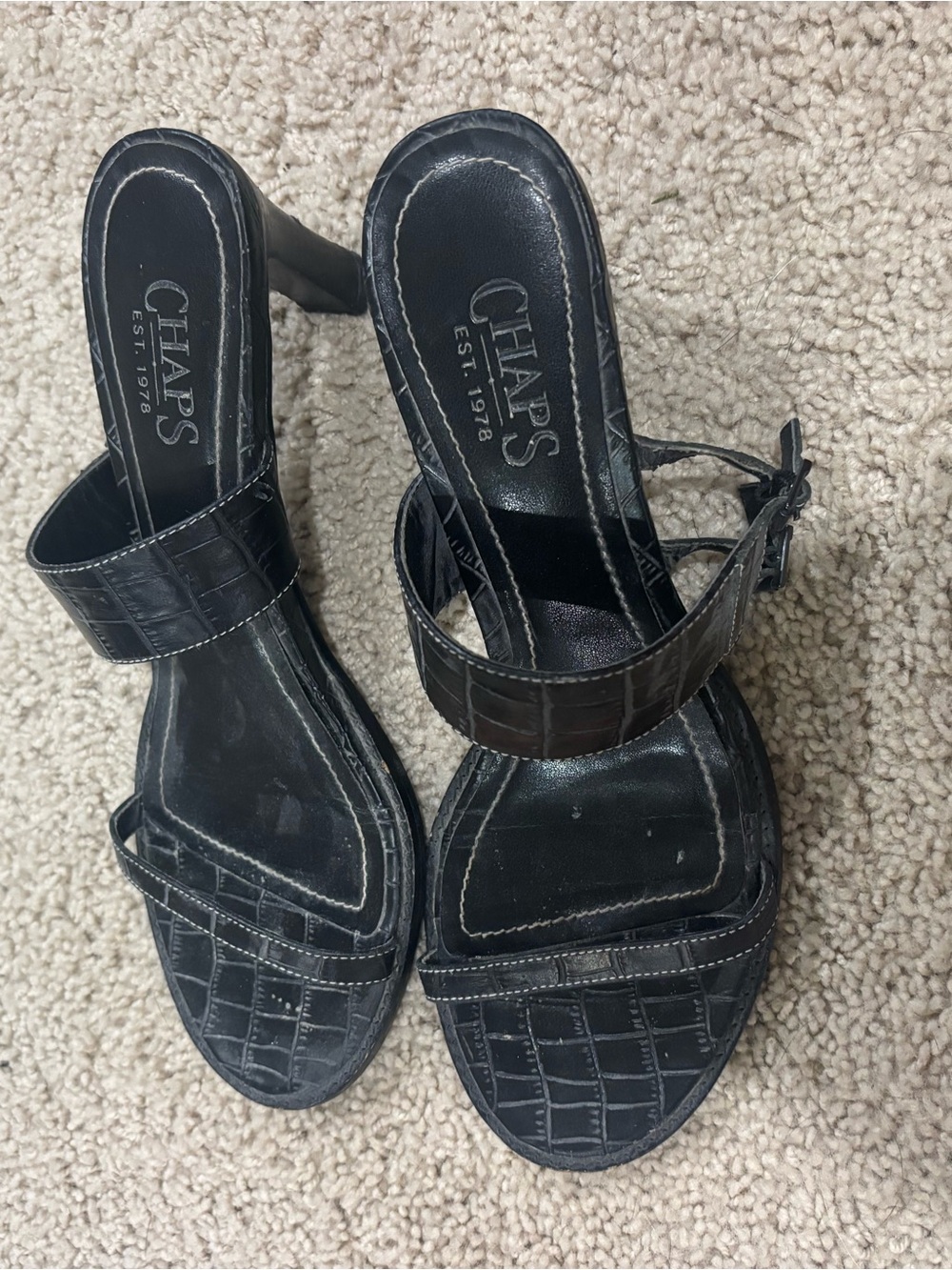 Chaps Black Croc-Pattern Ankle Strap Heels